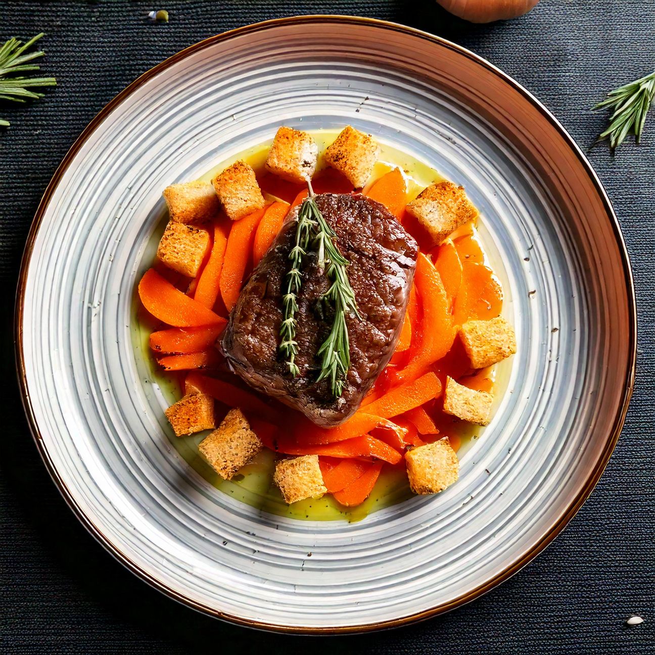 Bistecca di vitello con carote e crostini di pane