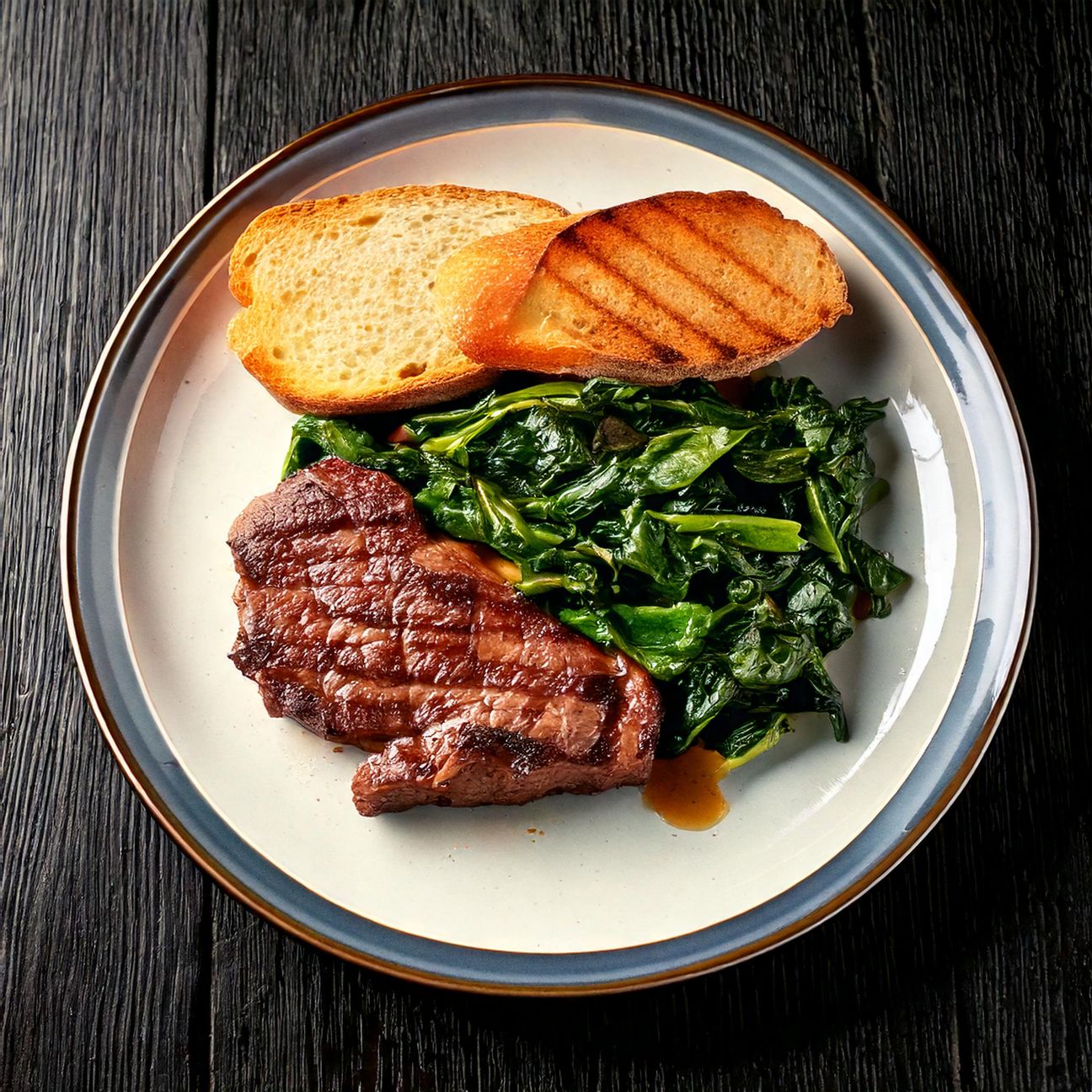 Bistecca di manzo con bieta cotta e pane croccante