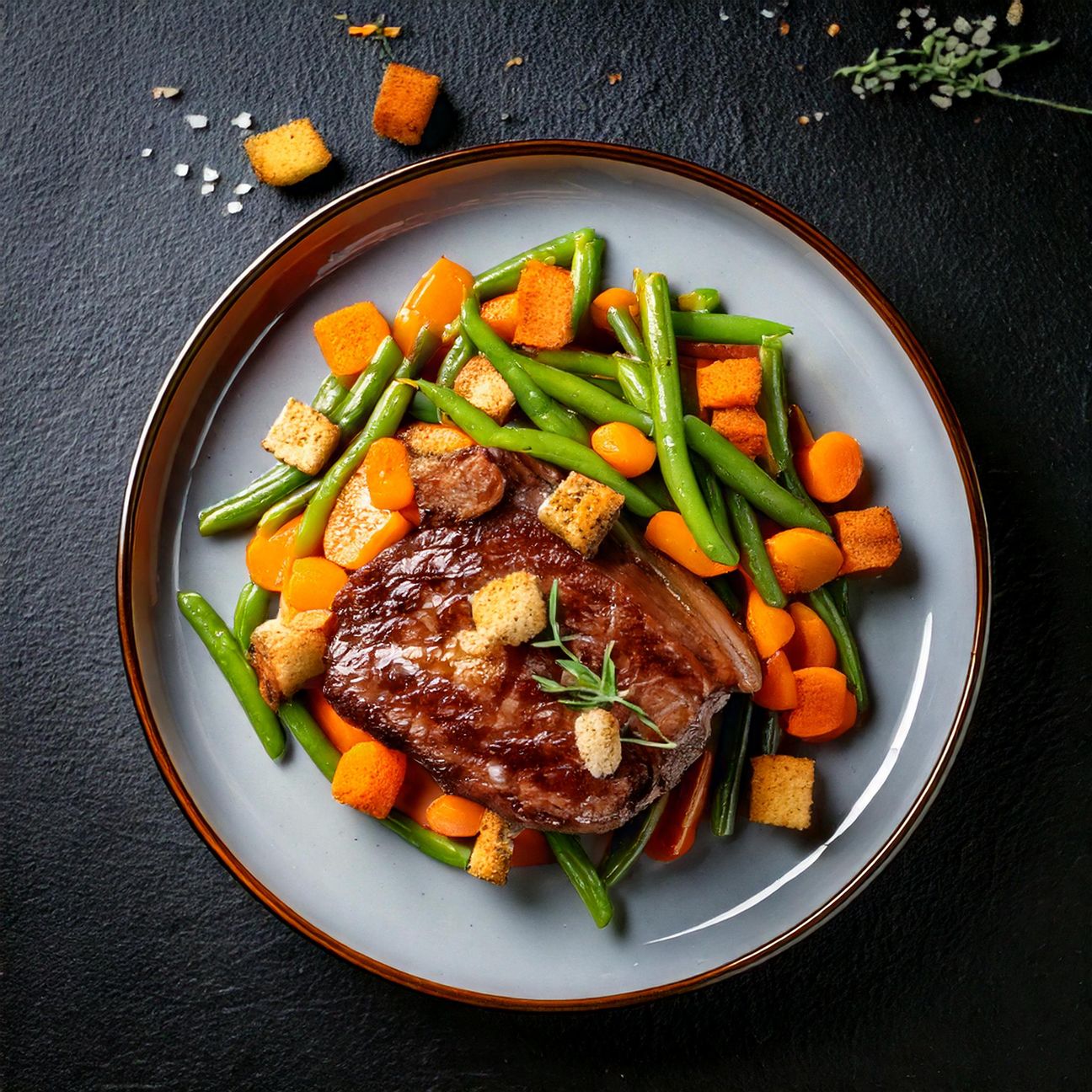 Bistecca di manzo con fagiolini e carote e crostini di pane