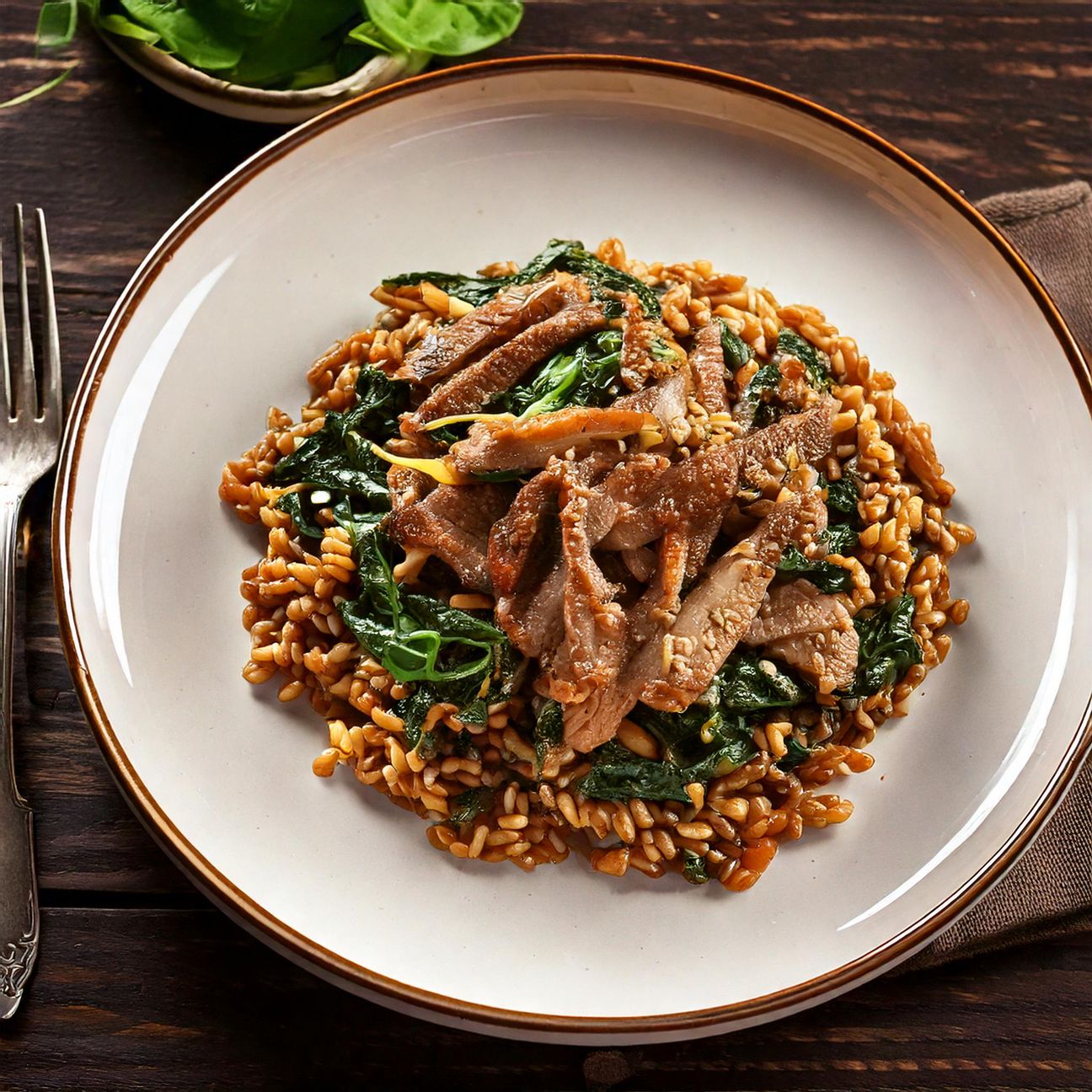 Straccetti di vitello con farro e spinaci