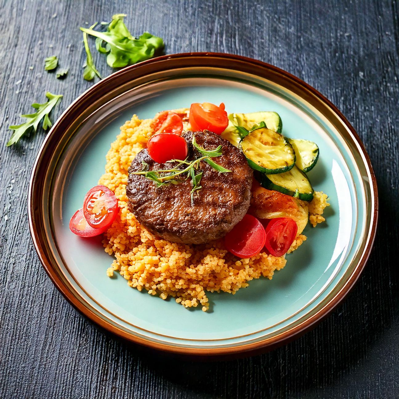 Hamburger di Manzo con Couscous, Zucchine e Pomodorini