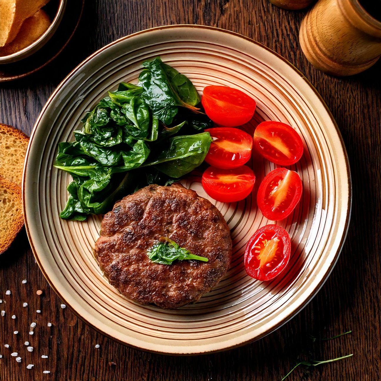 Hamburger di Vitello con Spinaci e Pomodori e pane croccante
