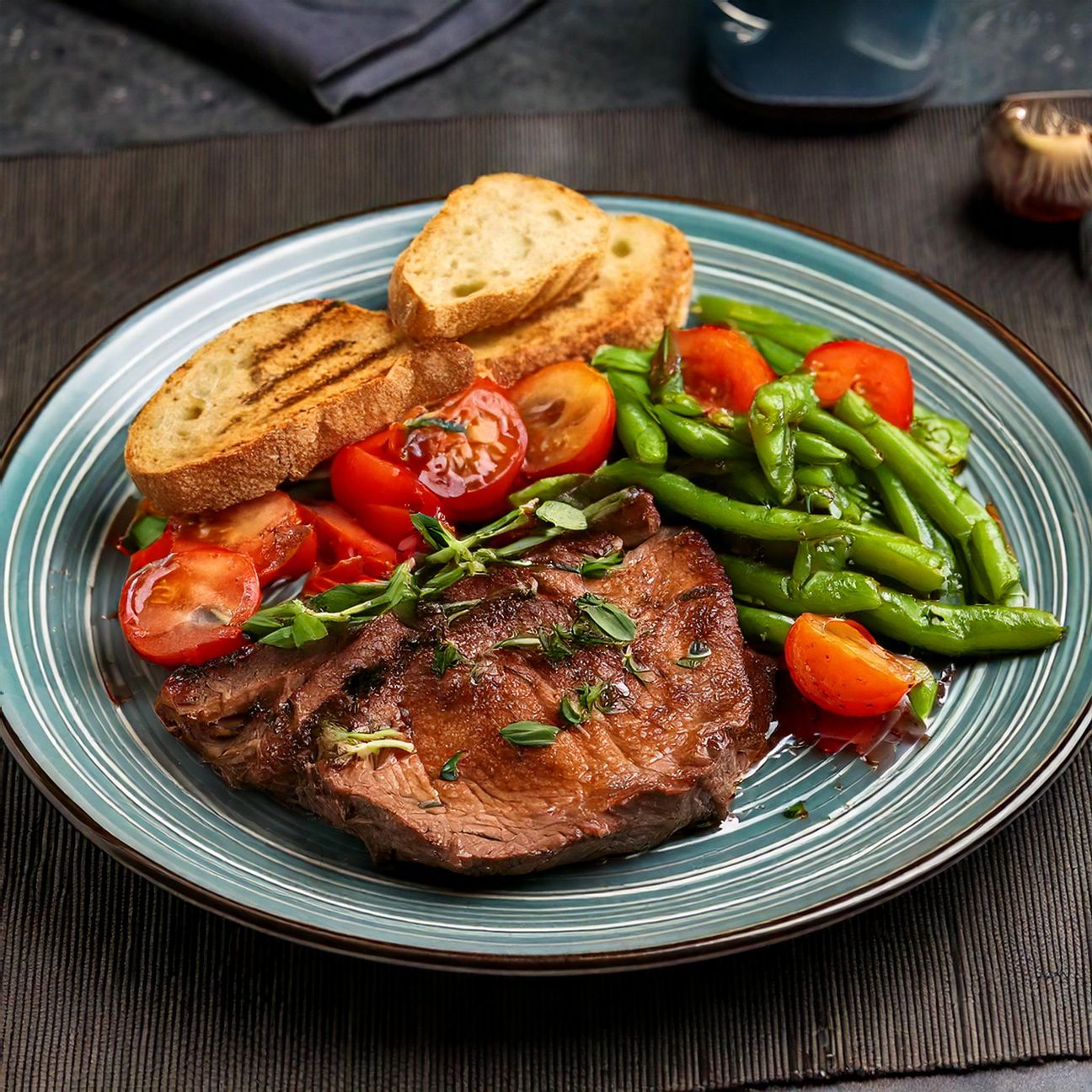Fettina di Vitello con Insalata di Pomodori e Fagiolini e Pane croccante