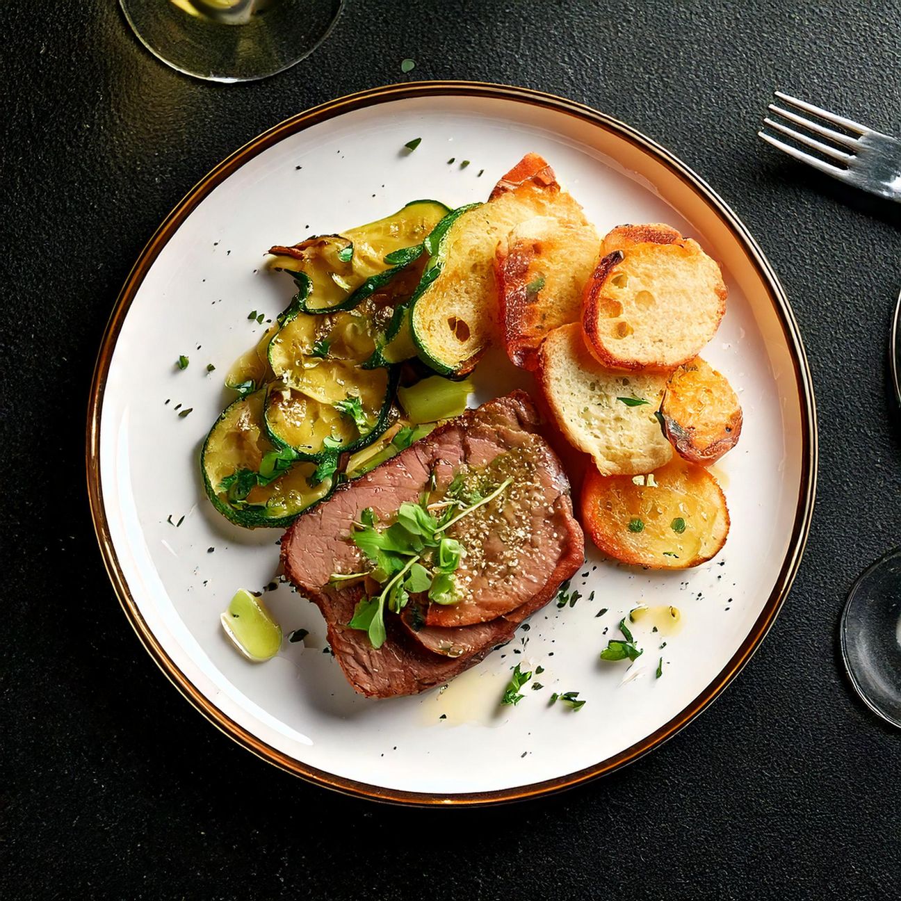 Fettina di Vitello, zucchine e pane croccante