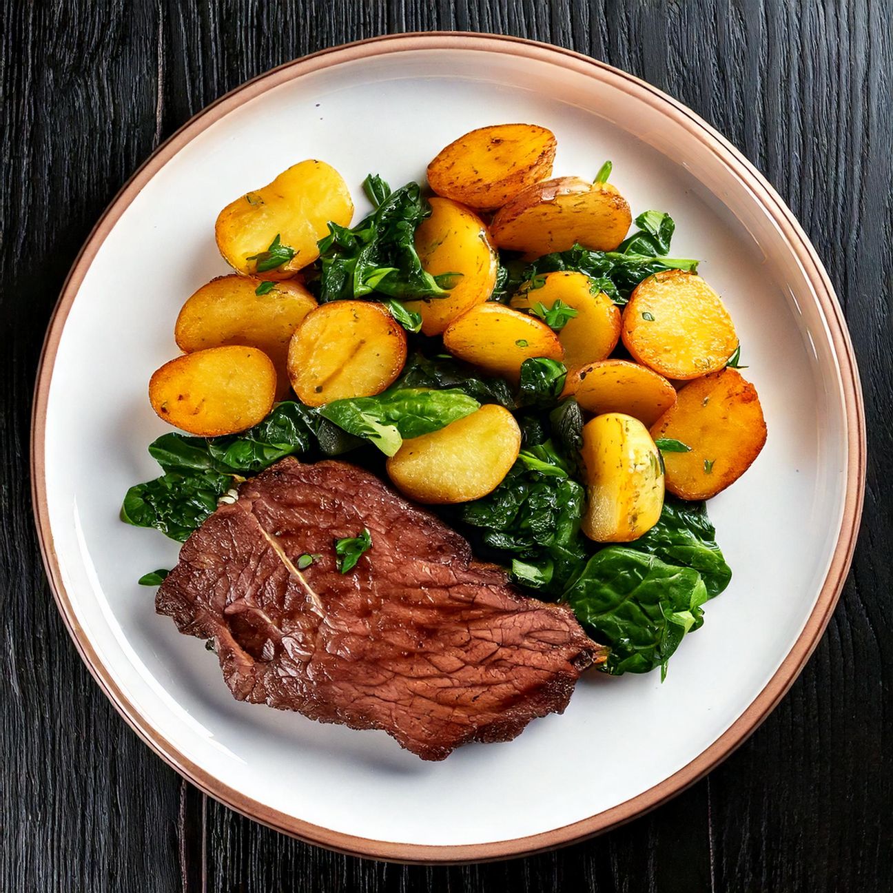 Fettina di Manzo con Patate arrosto e spinaci