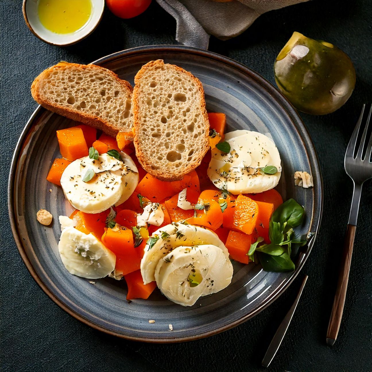 Mozzarella con zucca e pane croccante