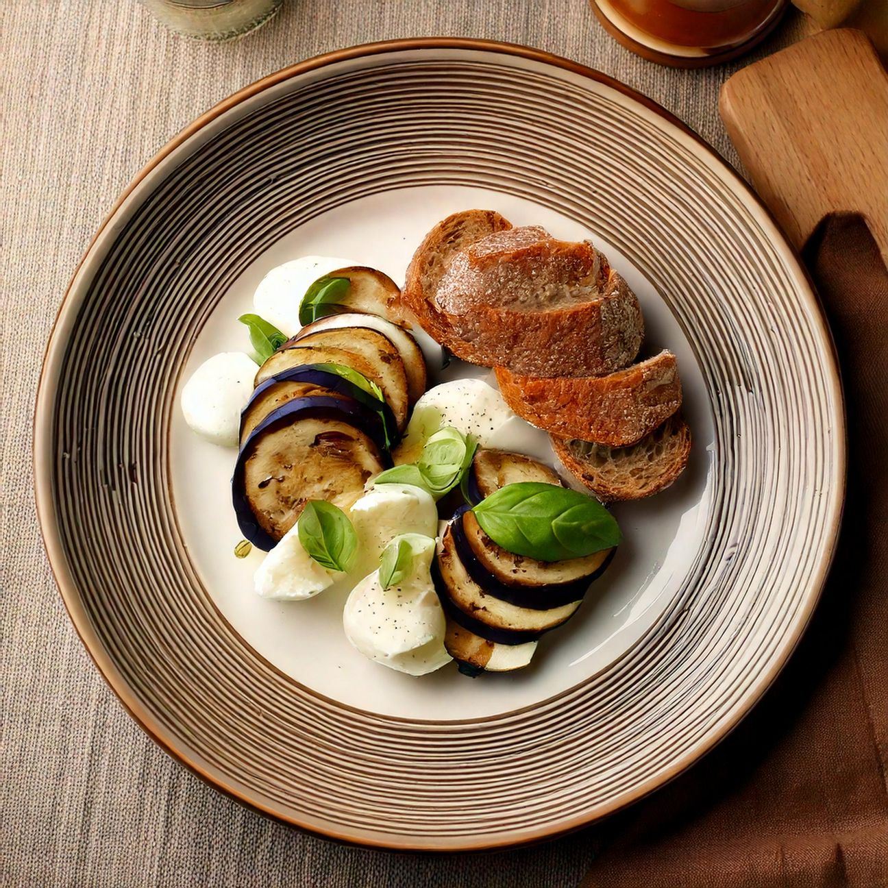 Mozzarella con melanzane e pane croccante