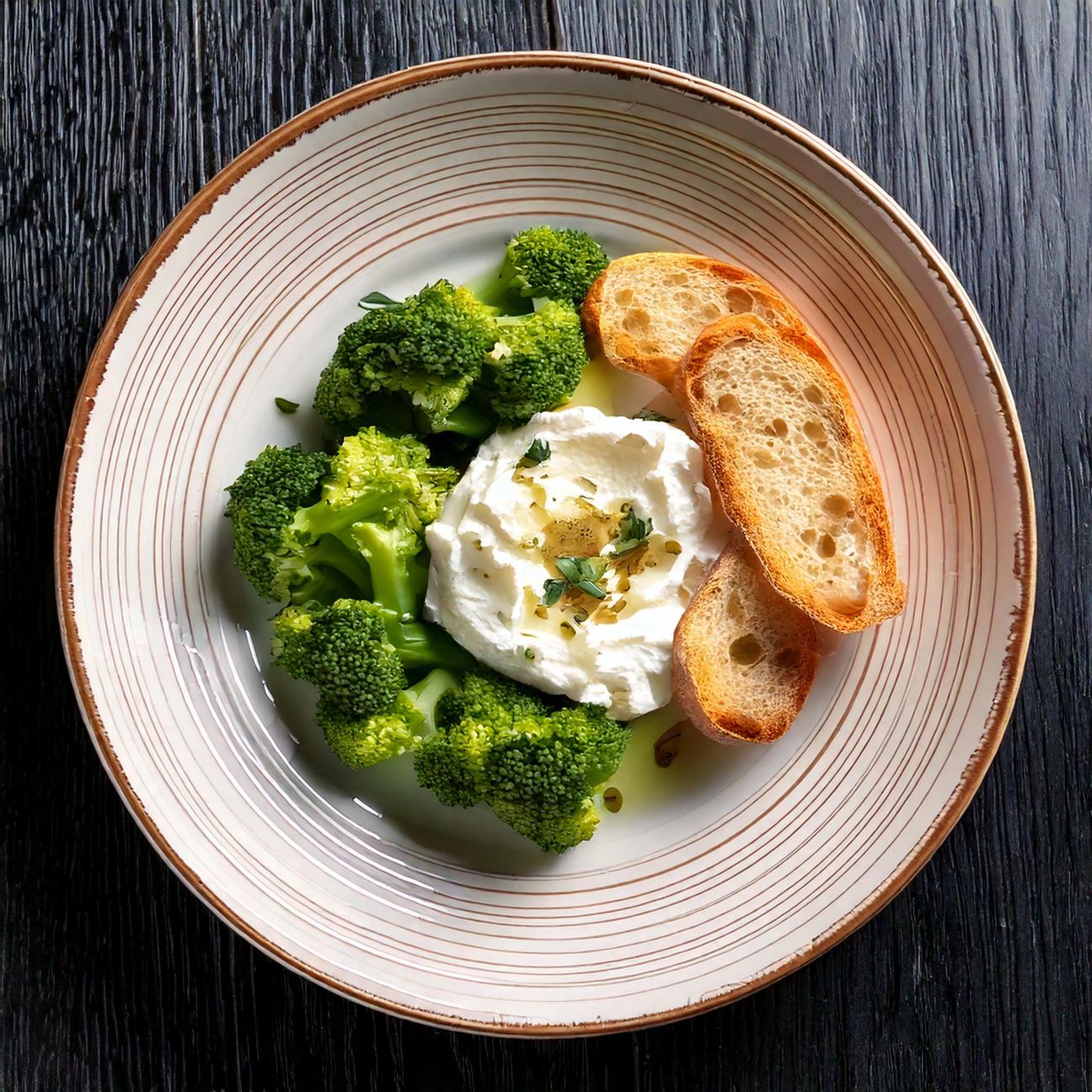 Ricotta con broccoli e pane croccante