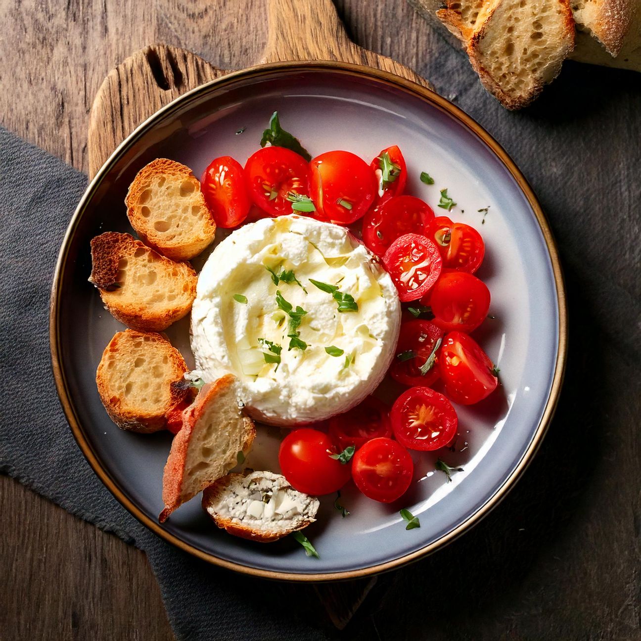 Ricotta con pomodorini e pane croccante