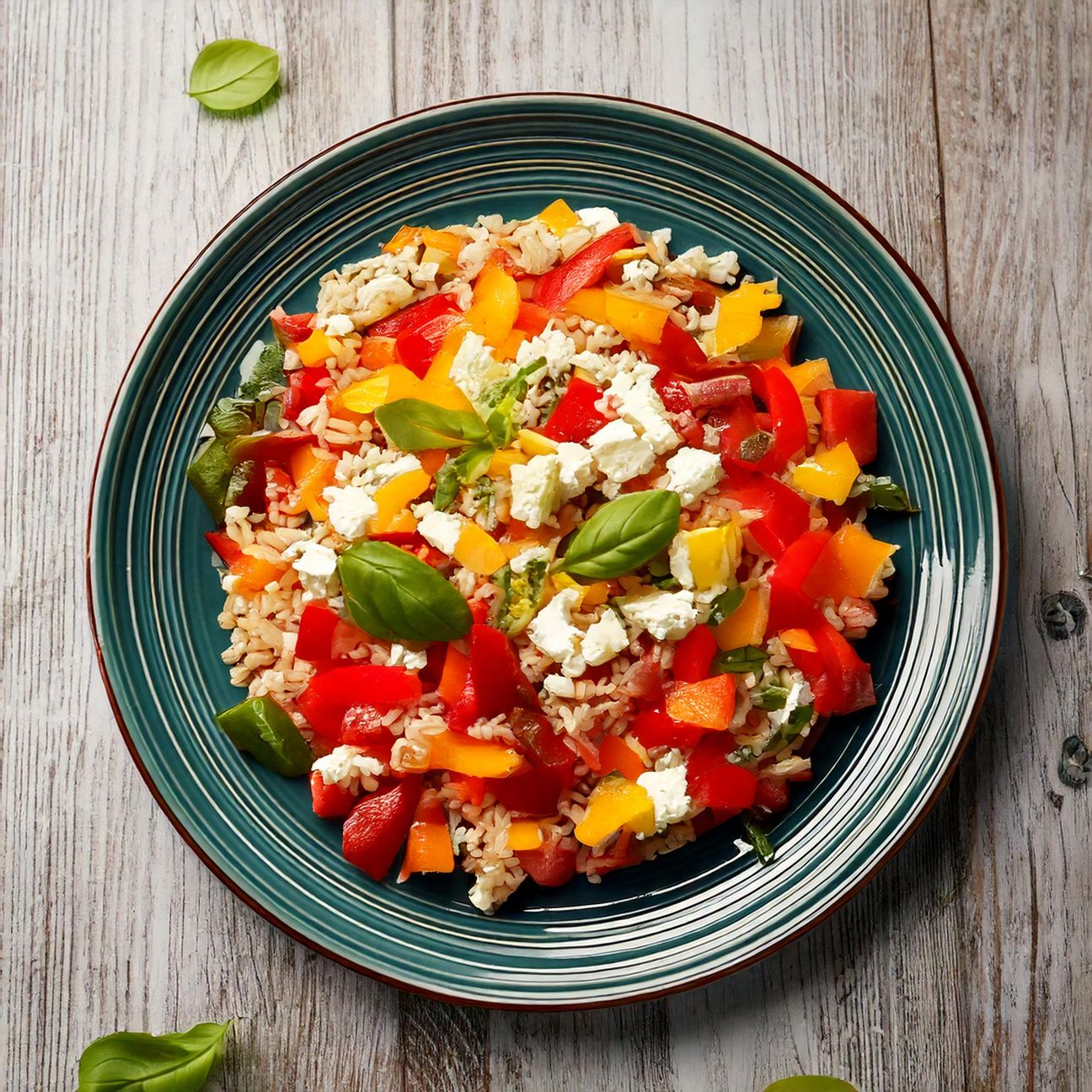 Insalata di riso con feta, peperoni e basilico