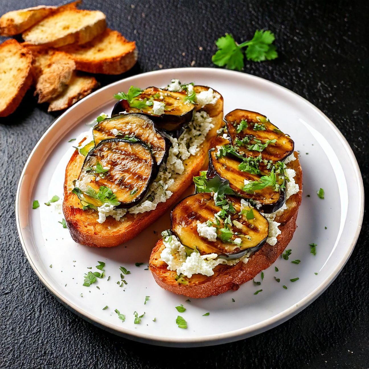 Bruschette con feta e melanzane grigliate
