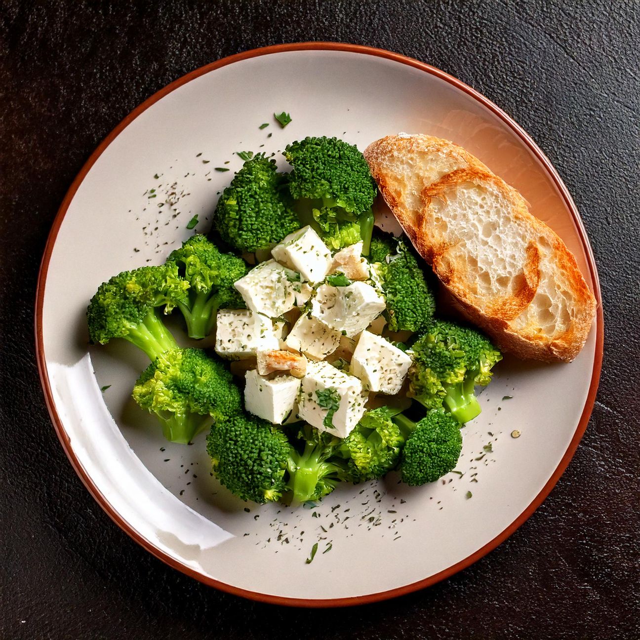 Feta con broccoli e pane croccante