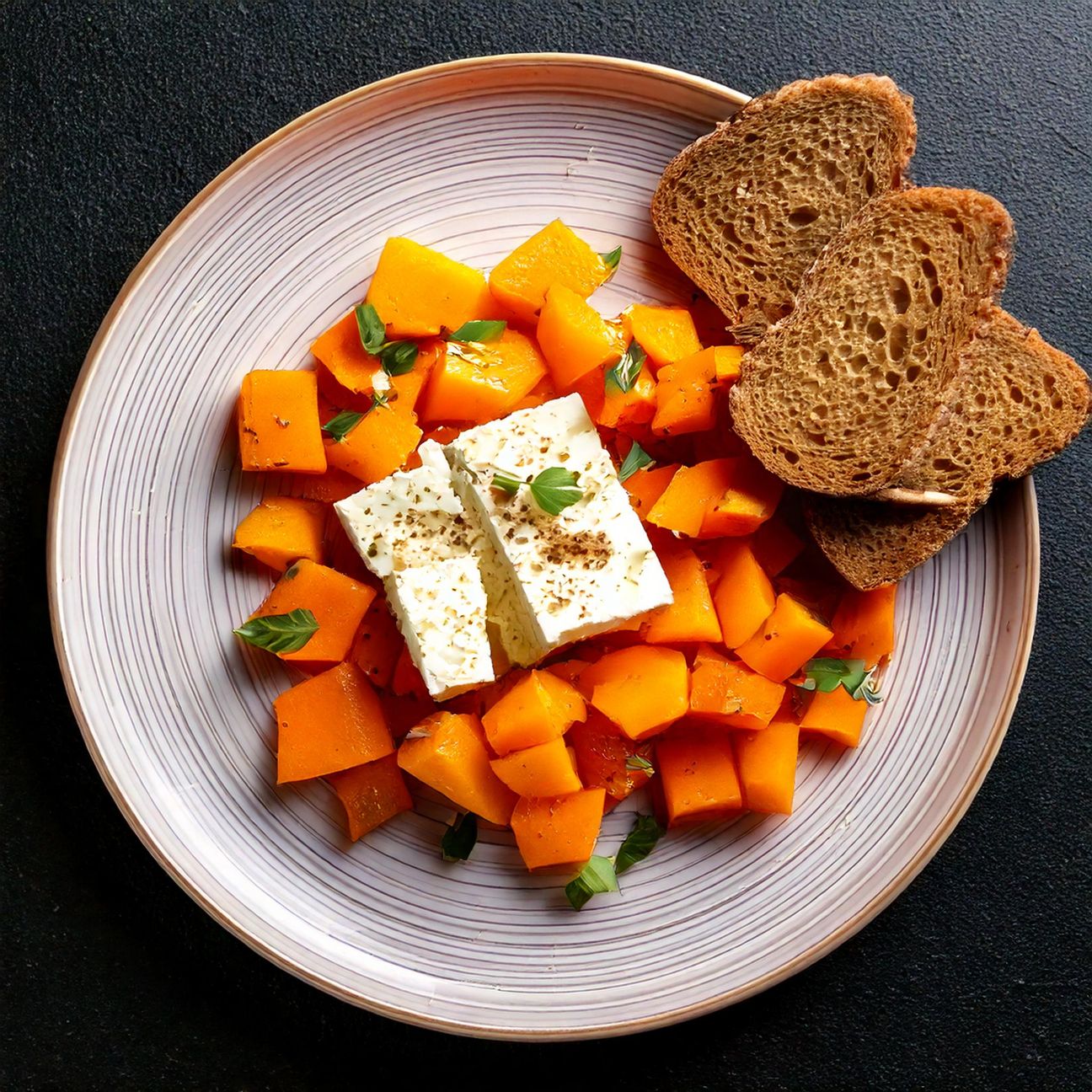 Feta con zucca e pane croccante