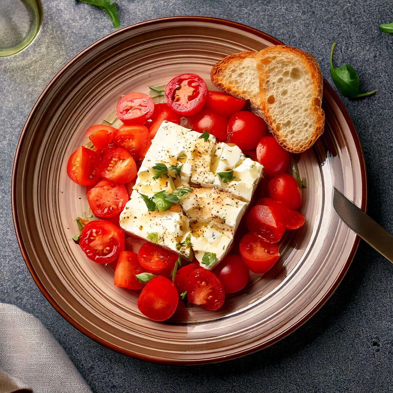 Feta con pomodorini e pane croccante