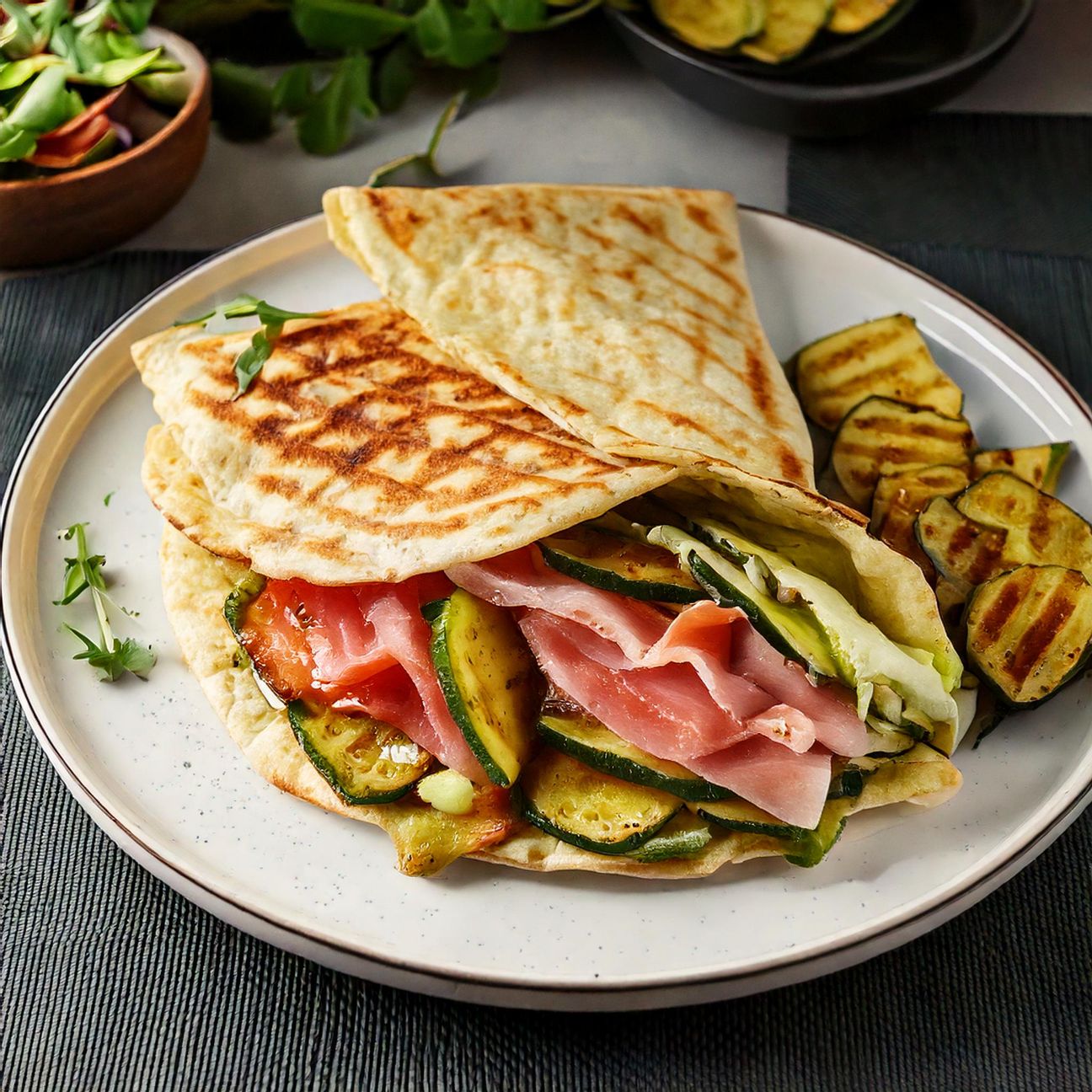 Piadina con prosciutto cotto e zucchine grigliate