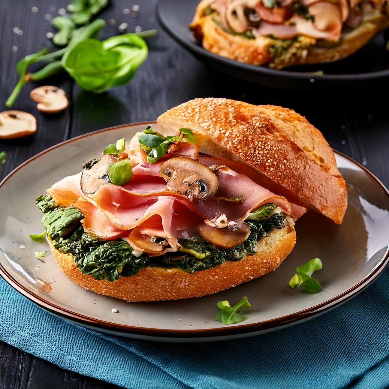 Panino con prosciutto cotto, funghi e cavolo nero