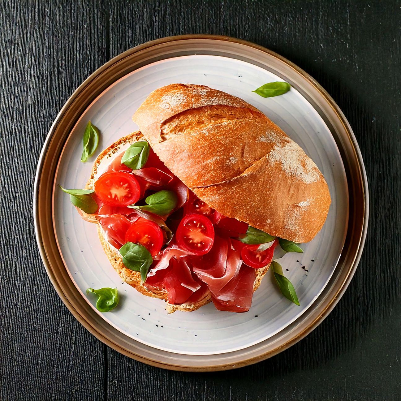 Panino con prosciutto crudo, pomodori e basilico