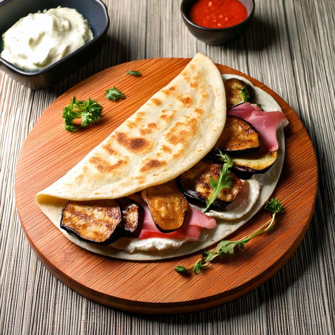 Piadina con prosciutto cotto, formaggio spalmabile e melanzane grigliate