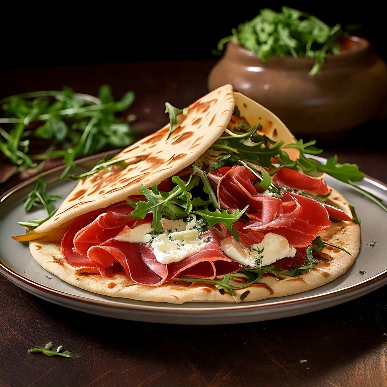 Piadina con prosciutto crudo, robiola e rucola
