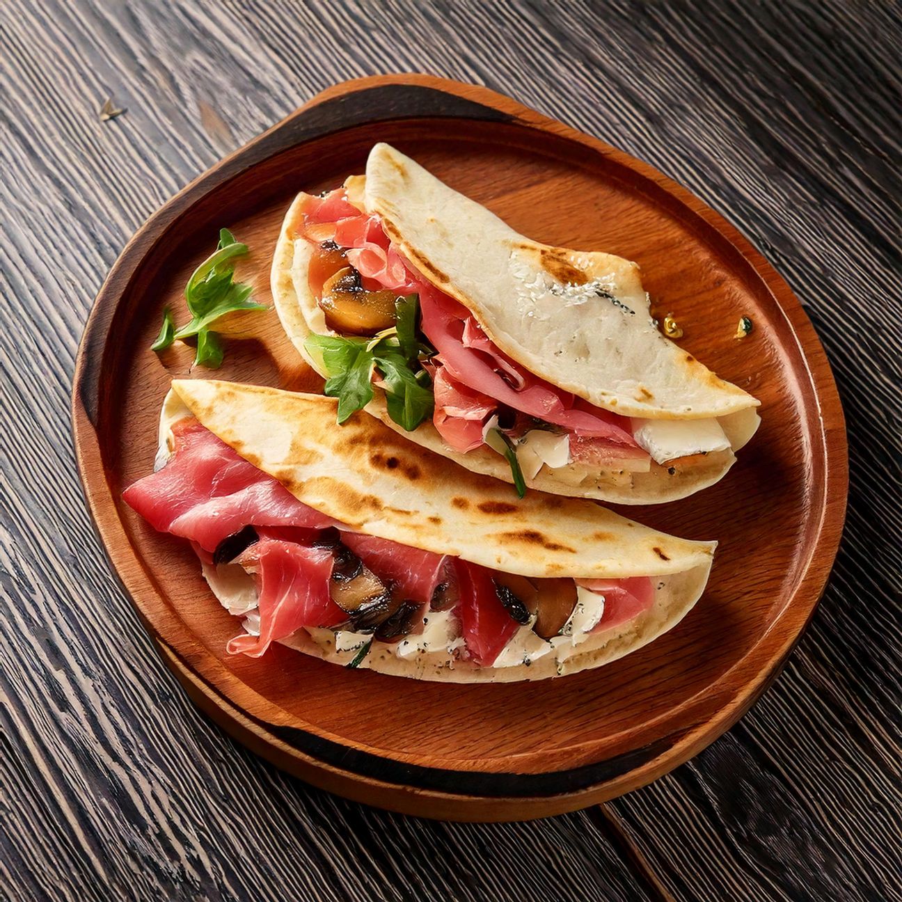 Piadina con prosciutto crudo, crescenza e funghi grigliati