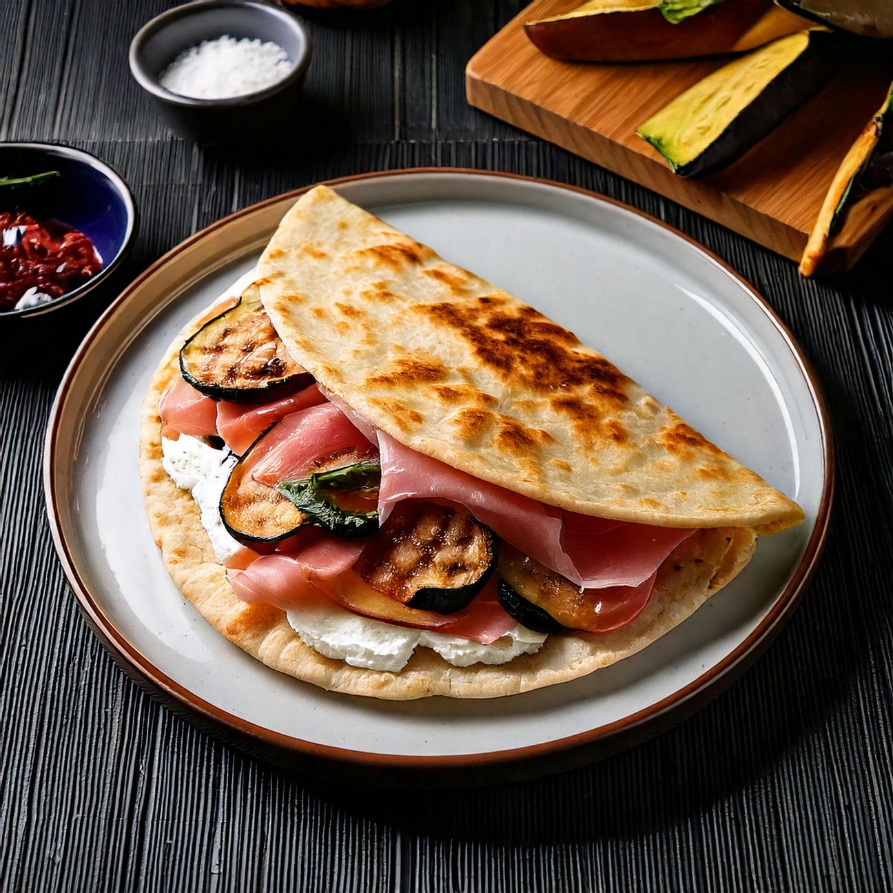 Piadina con prosciutto cotto, ricotta e melanzane grigliate