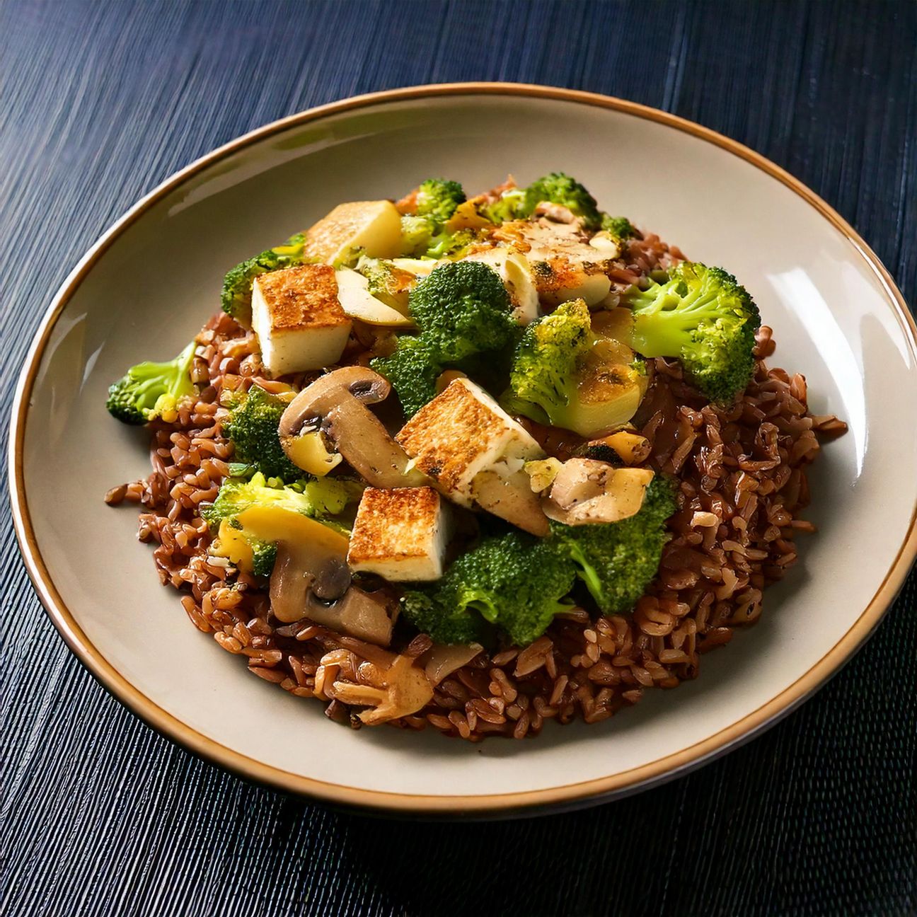Riso Integrale con Tofu, Broccoli e Funghi