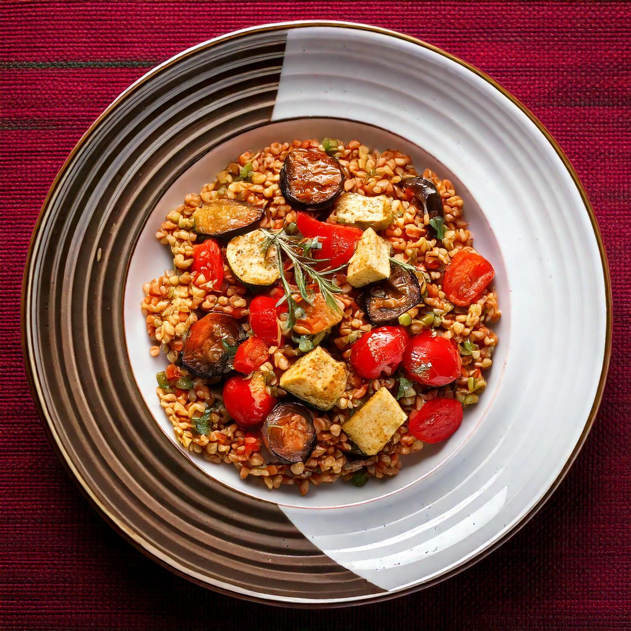 Farro con Tofu, Melanzane e Pomodorini