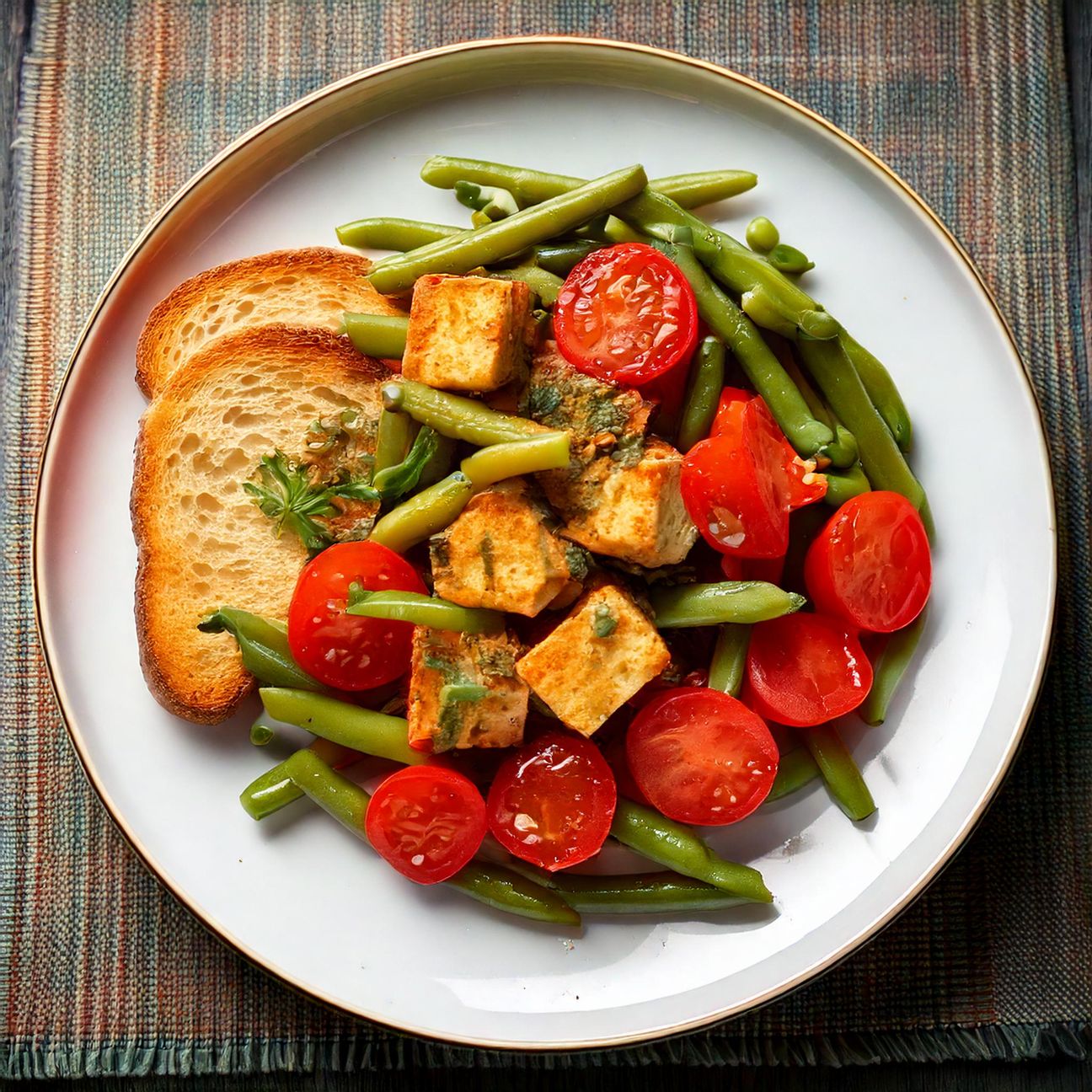 Tofu con Fagiolini e Pomodori e Pane Croccante