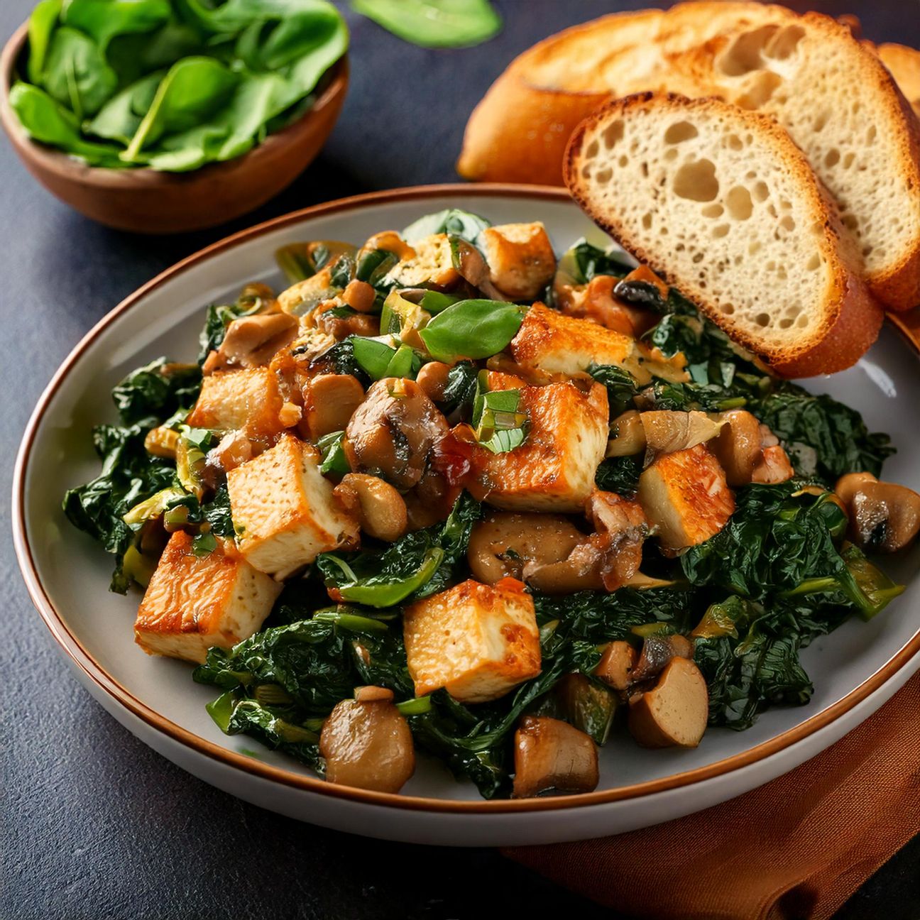Tofu Saltato con Funghi e Spinaci e Pane Croccante