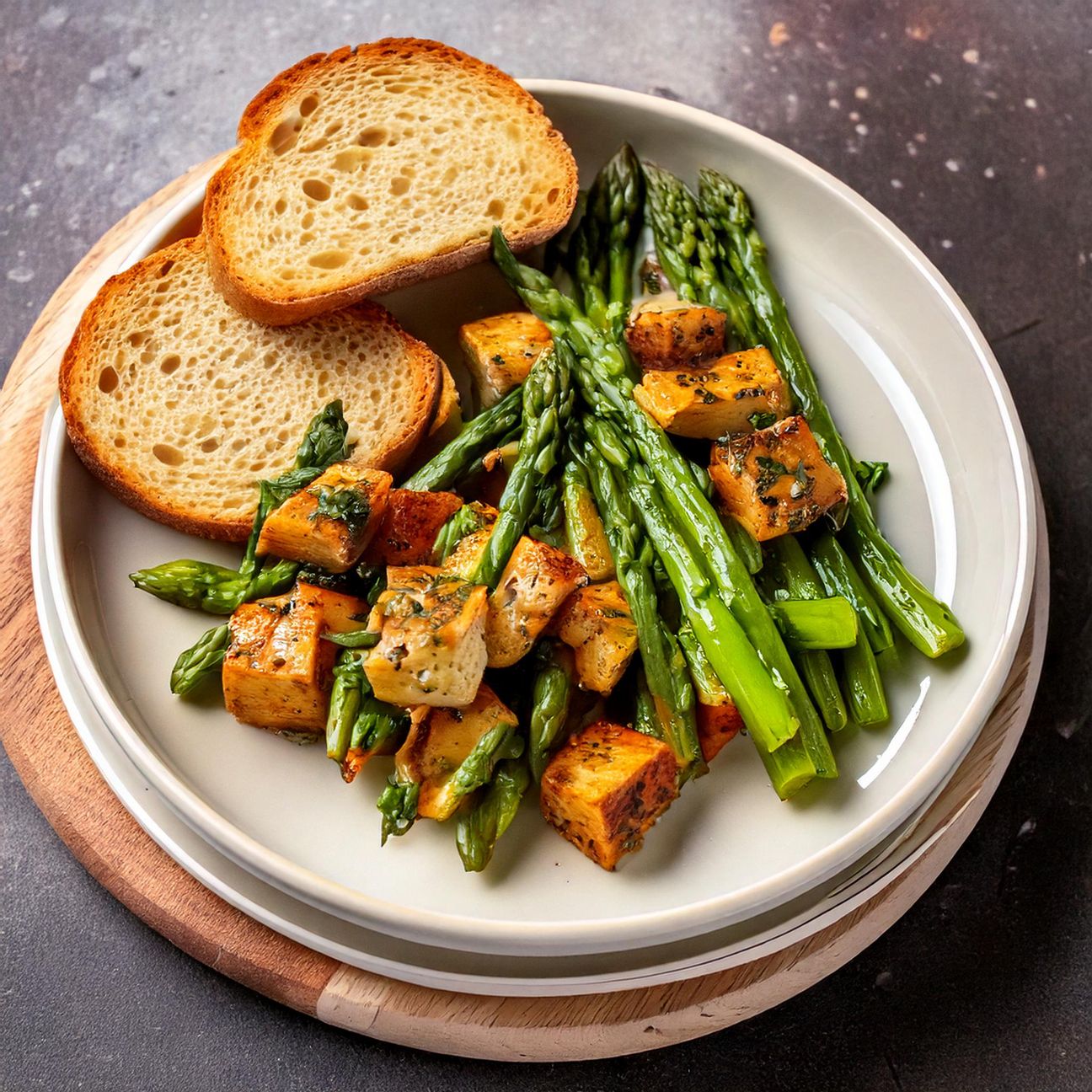 Tofu Saltato con Asparagi e Pane Croccante