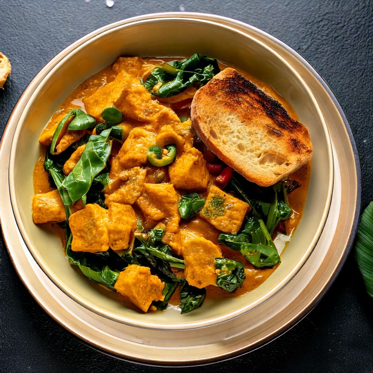 Tempeh al Curry con Spinaci e Pane Croccante