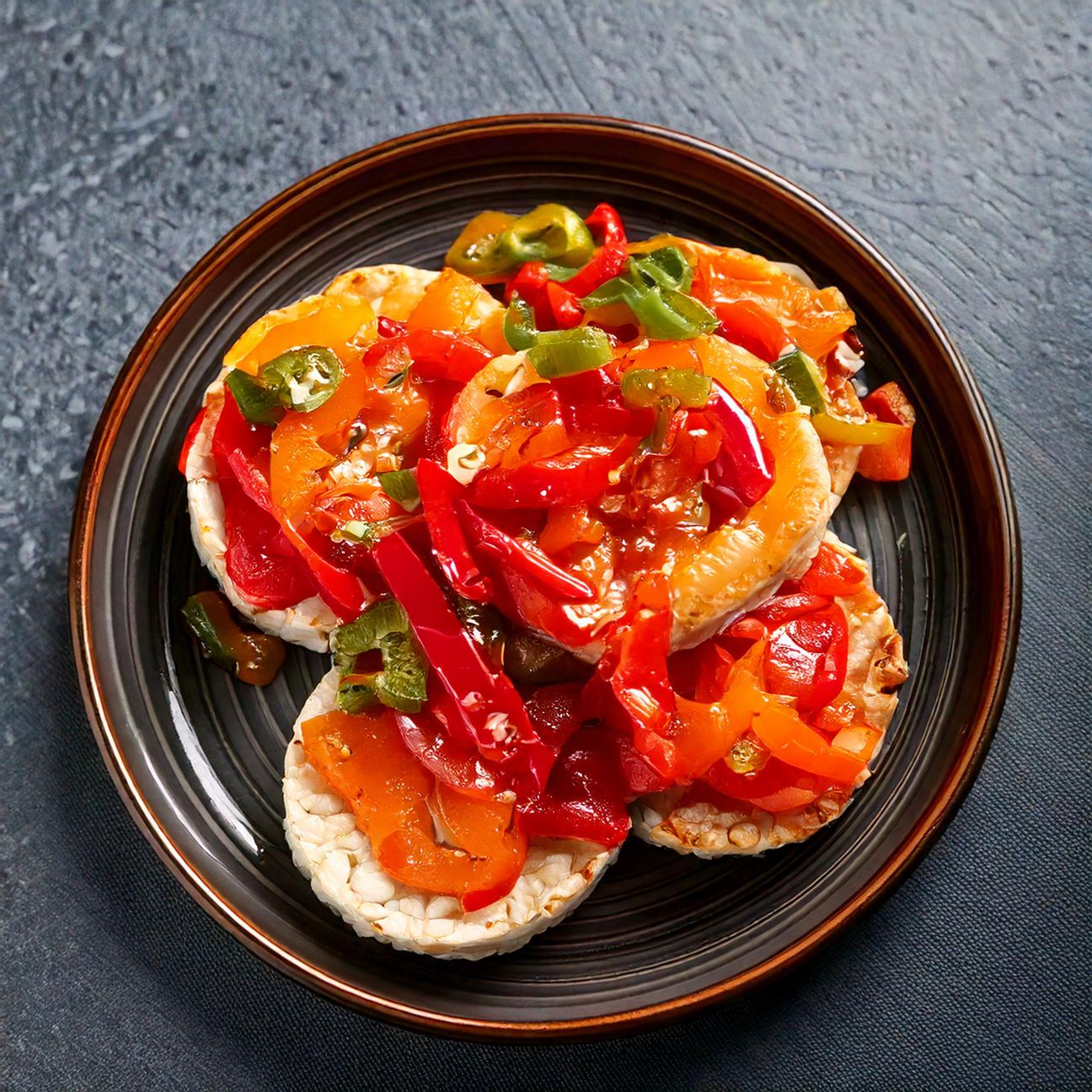 Gallette di riso con peperoni e cipolla