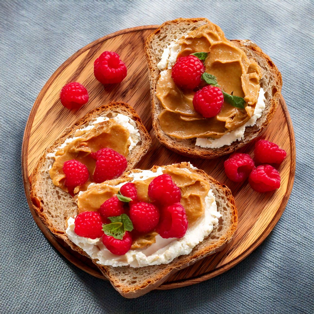Pane con ricotta, crema di arachidi e lamponi