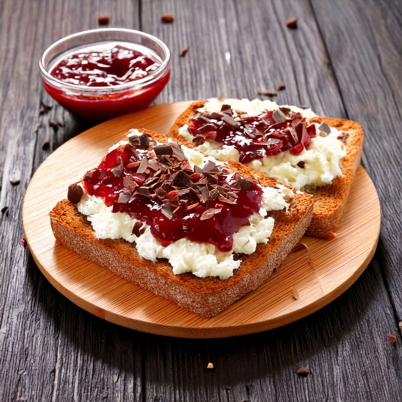 Pane tostato con ricotta, marmellata e cioccolato