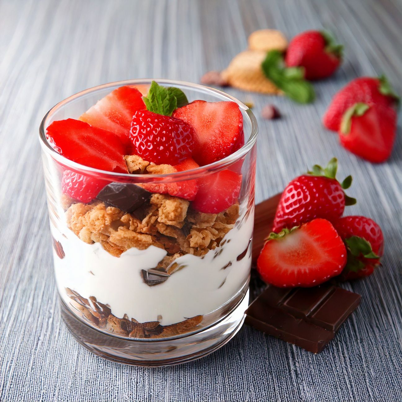 Bicchierino con biscotti, yogurt, cioccolato e fragole