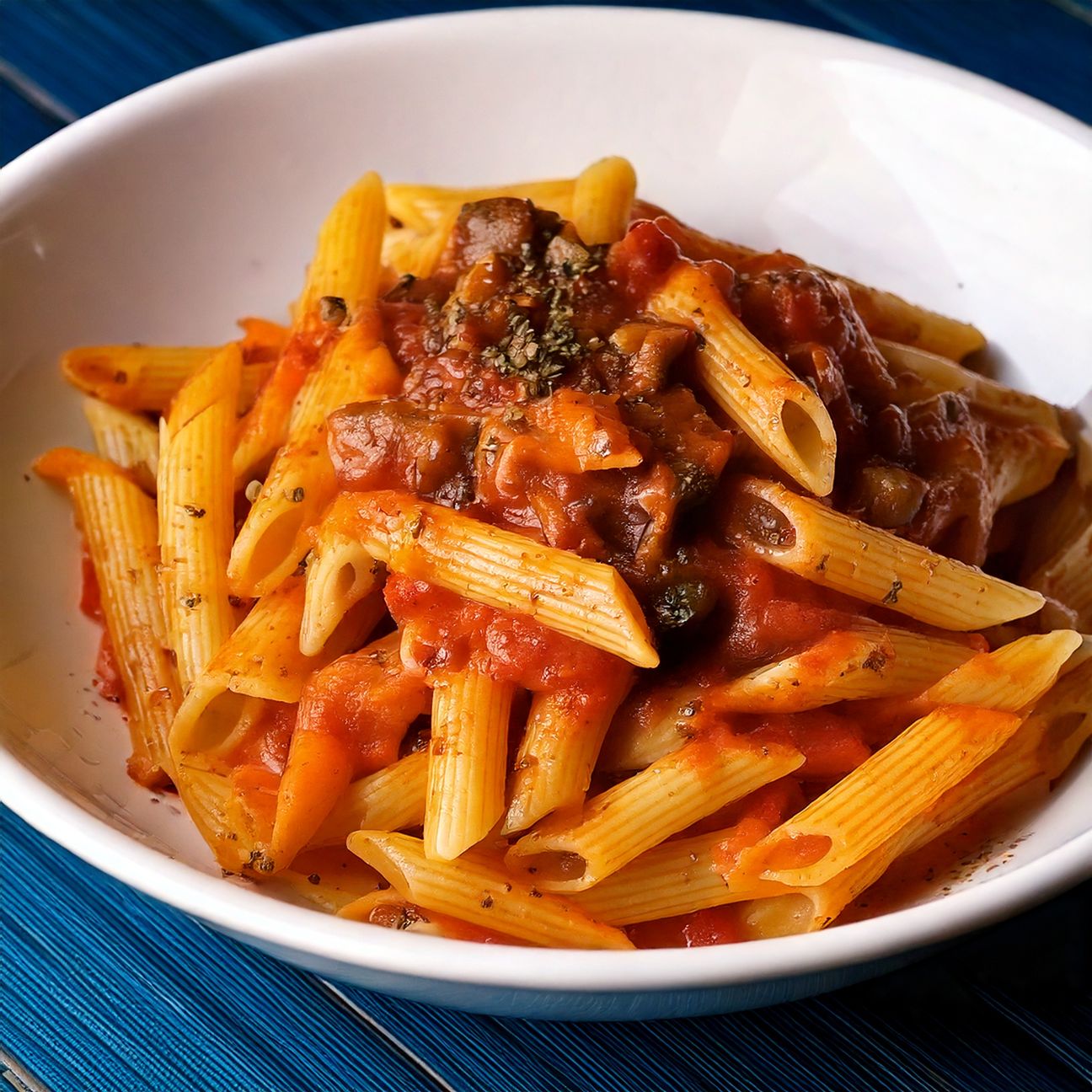Pasta con crema di peperoni e funghi