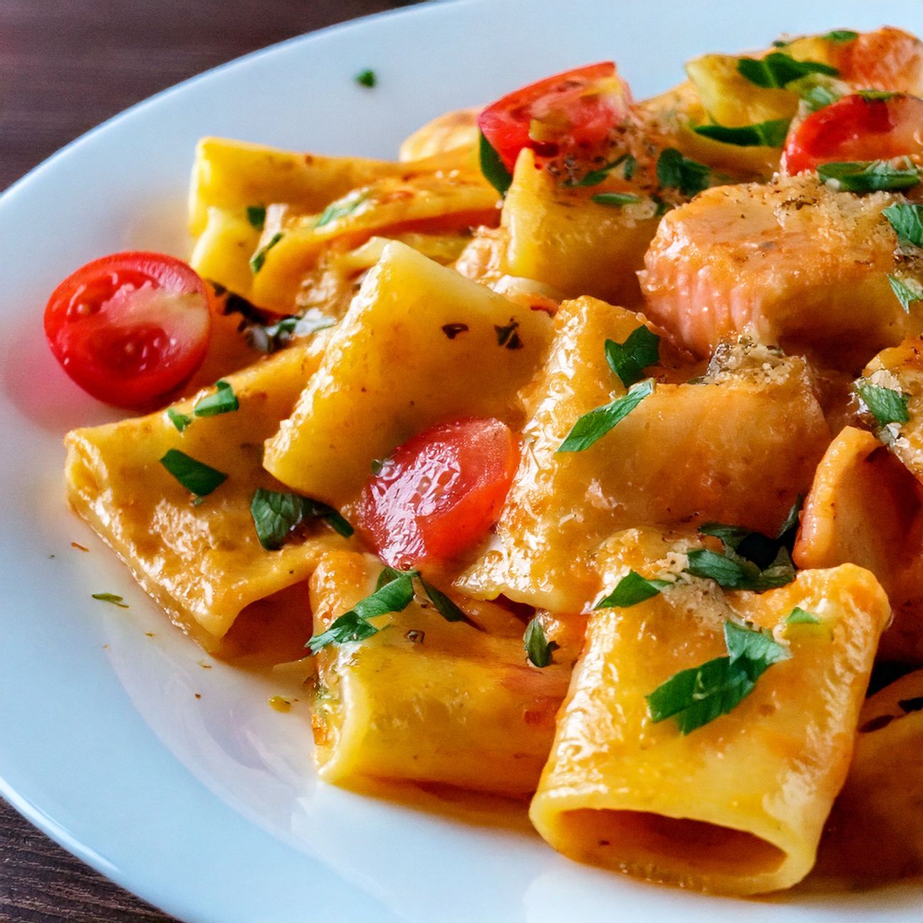 Paccheri cremosi con salmone e pomodorini
