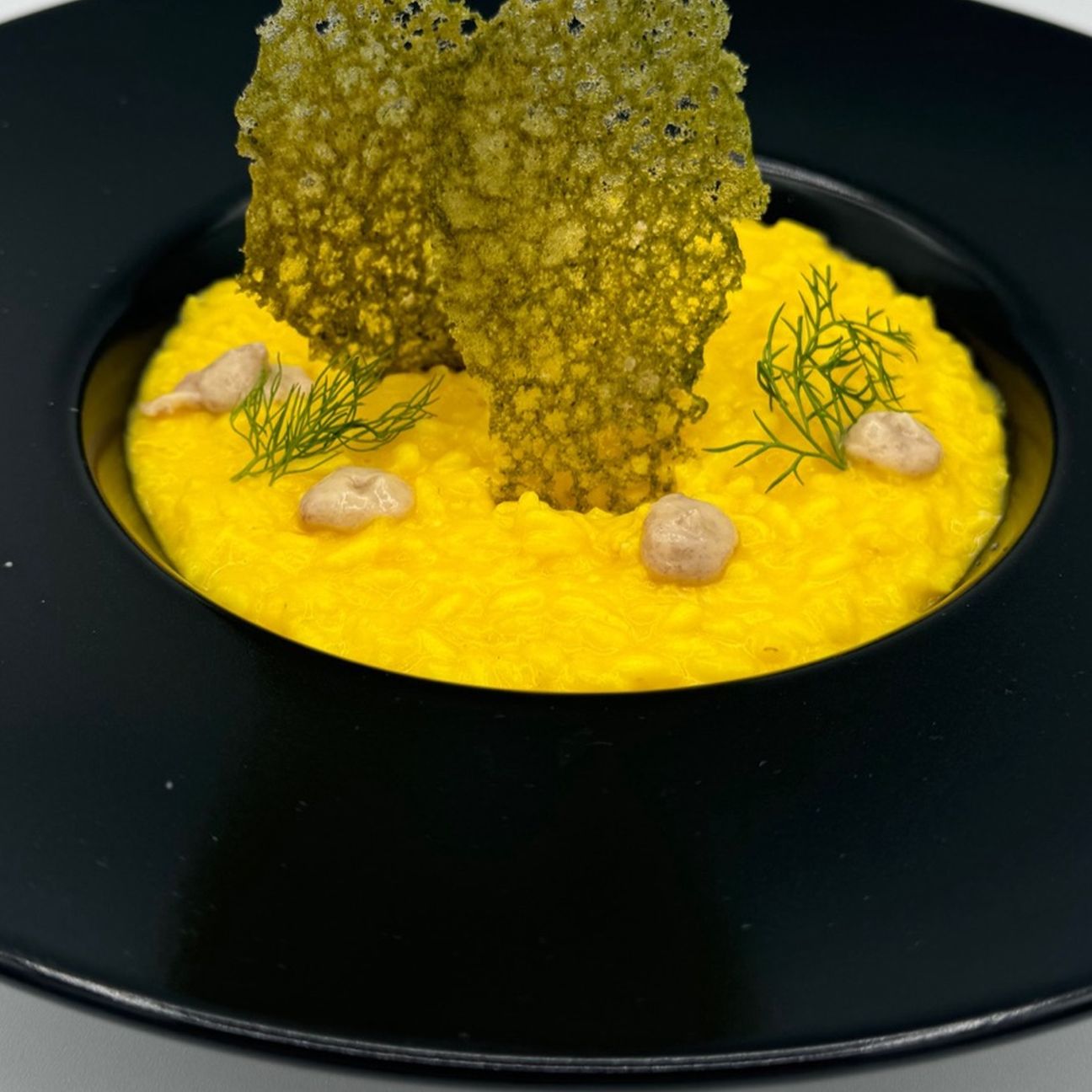 Risotto allo zafferano Leprotto con pois di midollo, cialda corallo verde allo spinacio e finocchietto selvatico