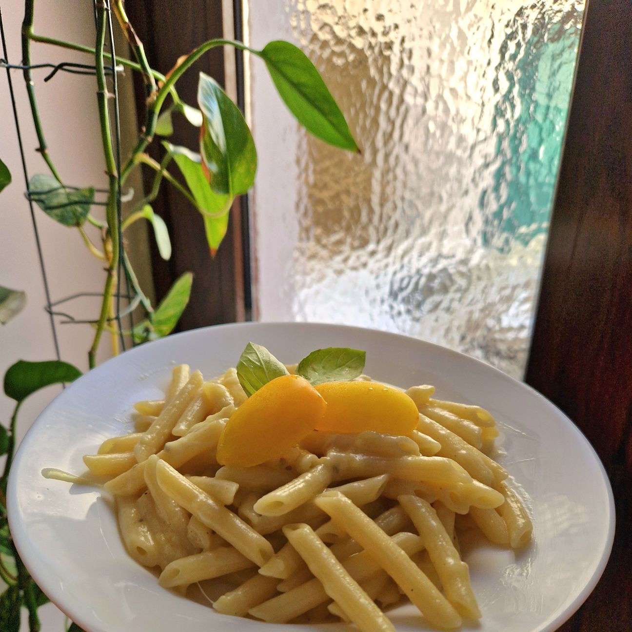 Pennette con sugo di pomodori gialli e scamora