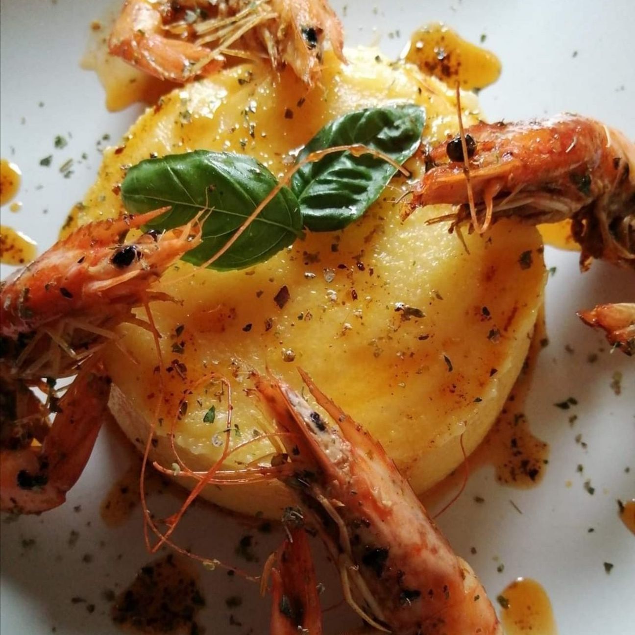 Polenta con gamberi alle erbe aromatiche