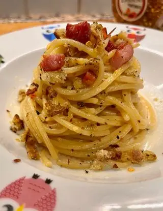 Ricetta Spaghetti aglio, olio, peperoncino, crema di grana, pane aromatizzato, pancetta di giadaconti