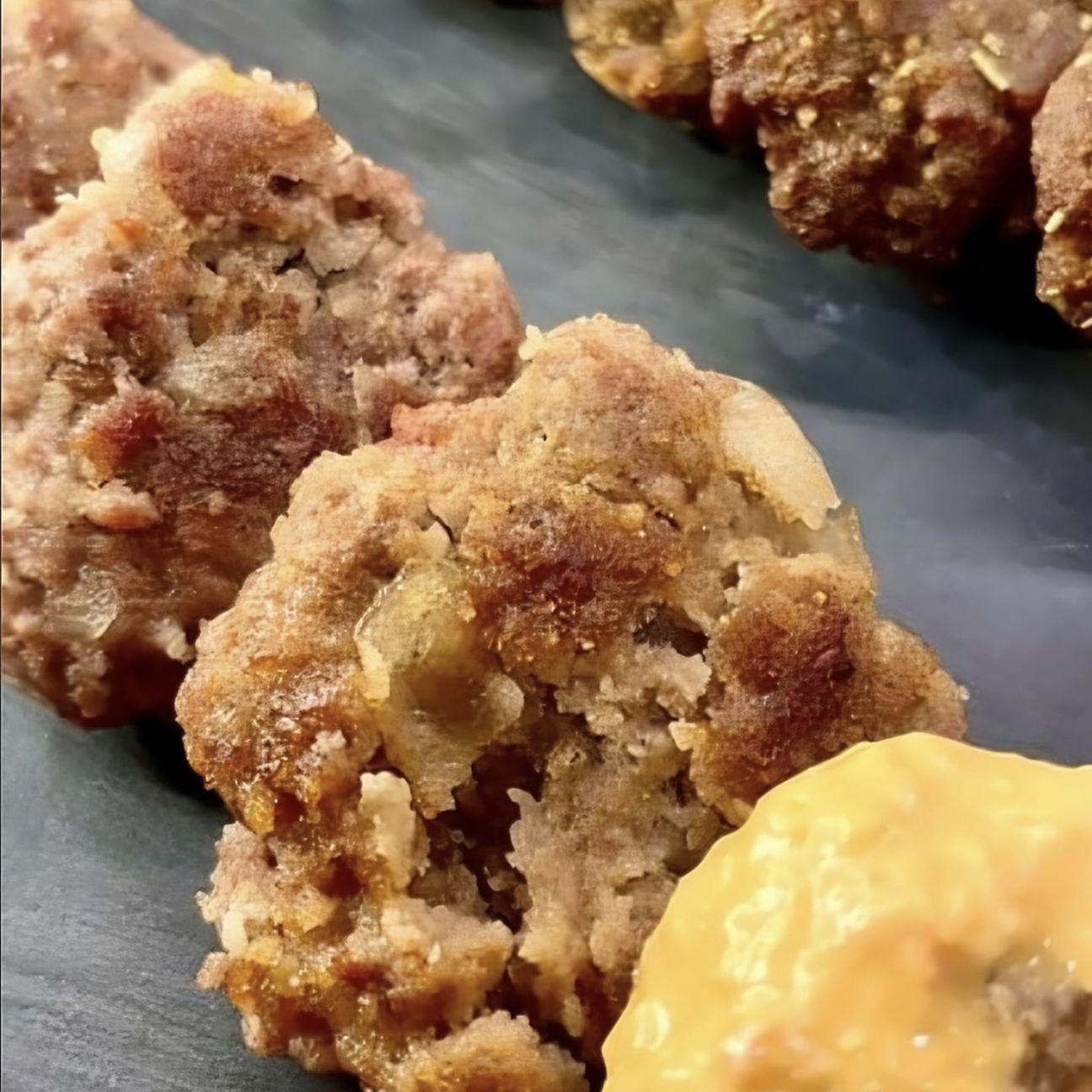 Polpette di carne macinata, salsiccia, pancetta e maionese di guacamole