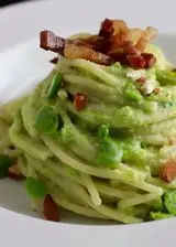 Ricetta Spaghetti con crema di fave e pancetta croccante