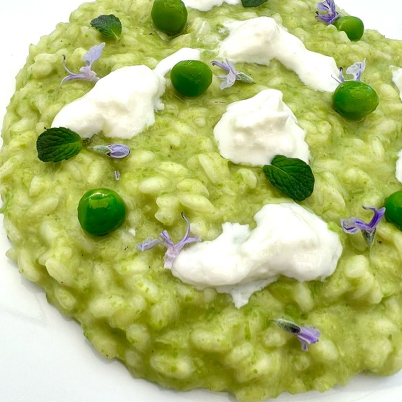 Risotto piselli e stracciatella al profumo di menta e rosmarino