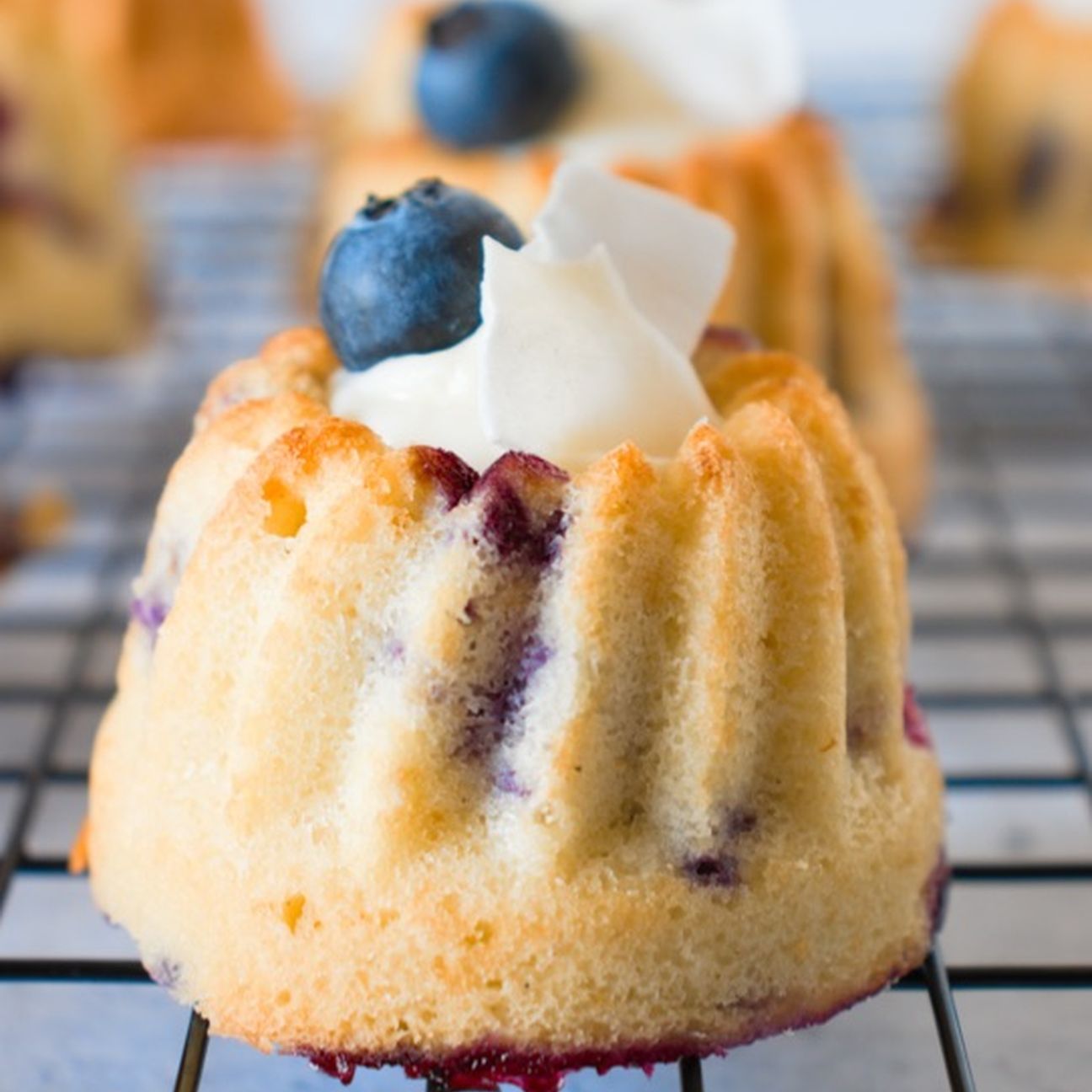 MINI BUNDT CAKE AL COCCO E MIRTILLI CON CREMA AL CIOCCOLATO BIANCO E COCCO