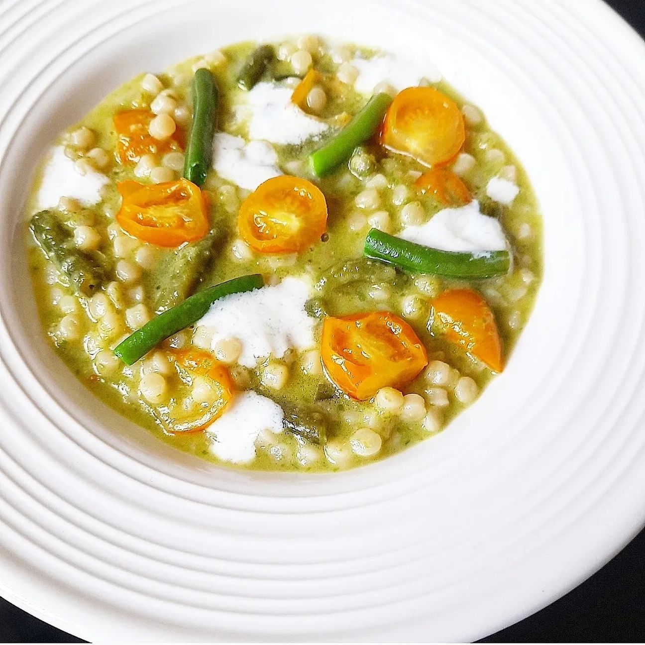 Fregula fagiolini, datterino giallo e cremoso di parmigiano!💛💛💛