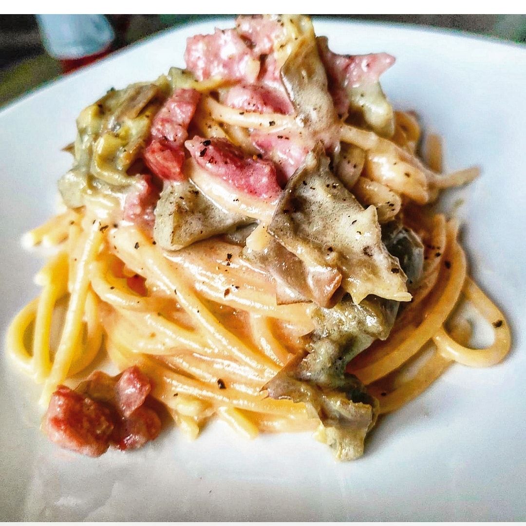 Spaghetto alla chitarra carciofi, ciauscolo e pecorino!💚💚💚