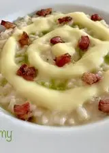 Ricetta Risotto alla crema di patate affumicate, clorofilla di prezzemolo, speck croccante