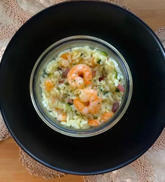 Risotto con Gamberi Pancetta e Zucchine in Vasocottura al Microonde