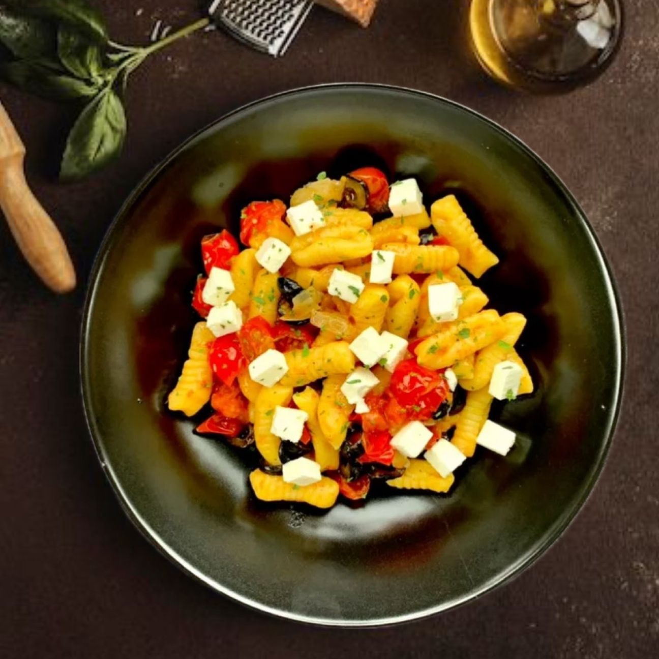 Gnocchetti Sardi allo Zafferano con Pomodorini, Feta e Olive